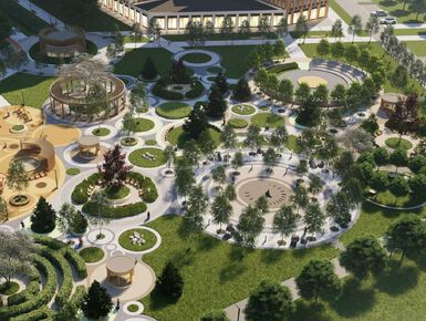 Центральная площадь Солнца  с фонтаном и лабиринтом из живой изгороди.