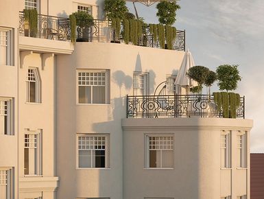 Фасады будут выполнены в стиле северного модерна, дом украсят ажурные балконы и необычная расстекловка окон.