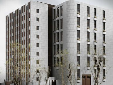 Архитектура здания отличается плавностью форм и выдержана в стиле минимализма.