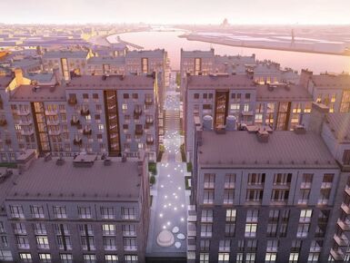 Из панорамных окон открывается вид на Васильевский остров и реку Неву.